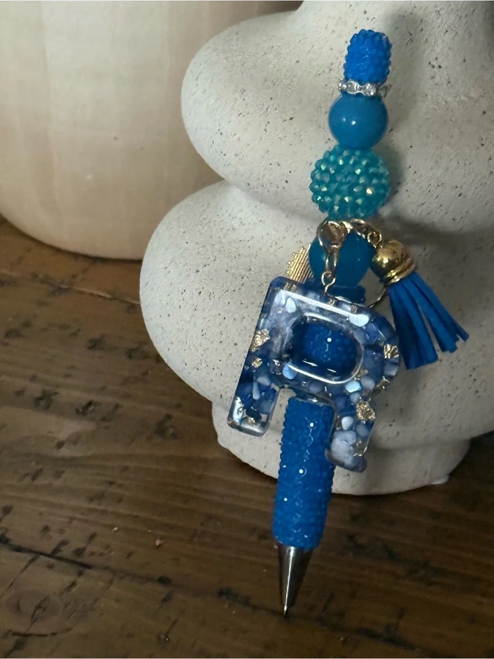 Blue Beaded Pen Key & Card Charm with Tassel